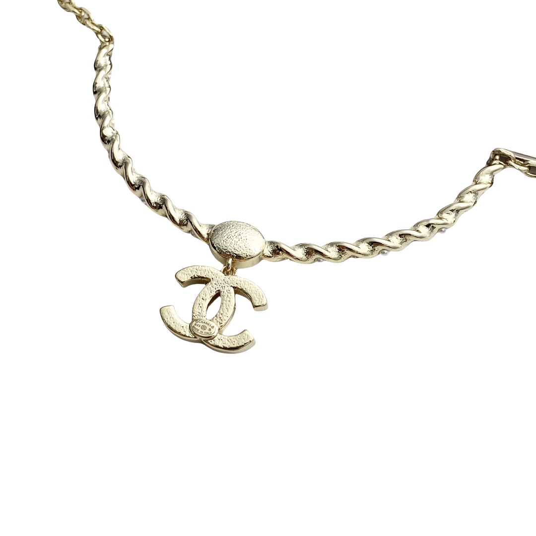CCN433 Chanel Pearl twist crystal pink cc logo pendant necklace - ccjewelryacc
