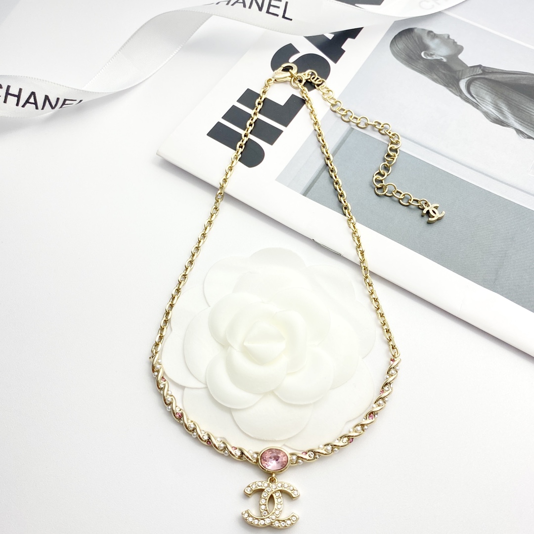 CCN433 Chanel Pearl twist crystal pink cc logo pendant necklace - ccjewelryacc