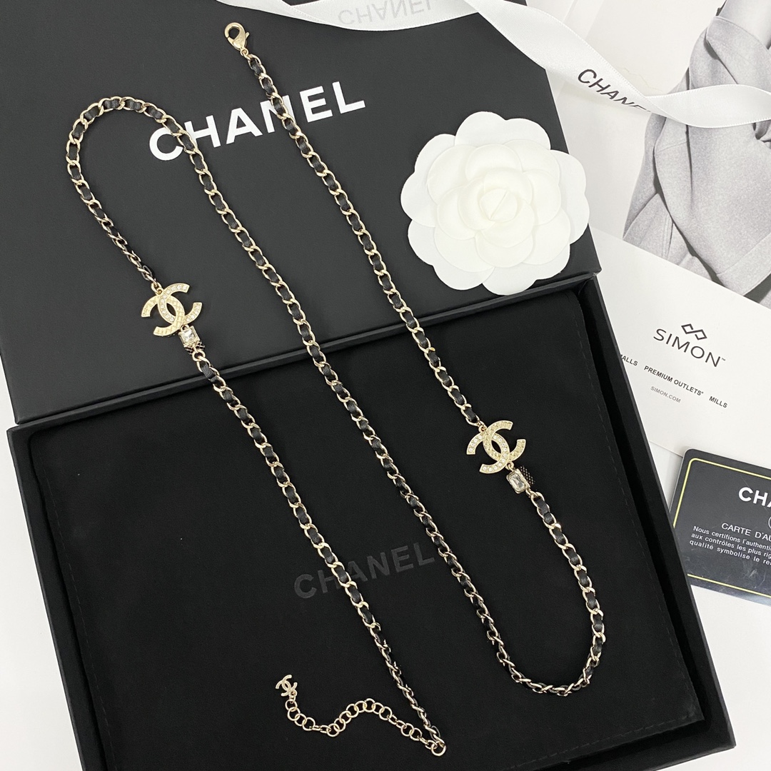 CCL269 chanel Metal and leather Long chain sweater necklace - ccjewelryacc