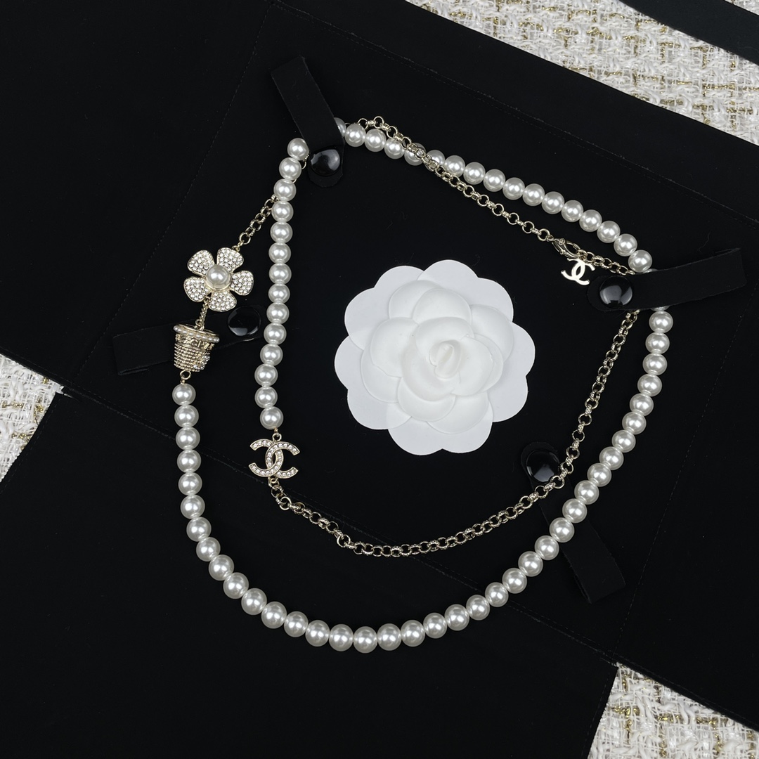 CCL171 Chanel flower disc pearl long chain sweater necklace - ccjewelryacc