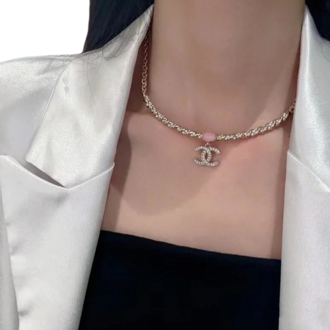 CCN433 Chanel Pearl twist crystal pink cc logo pendant necklace - ccjewelryacc