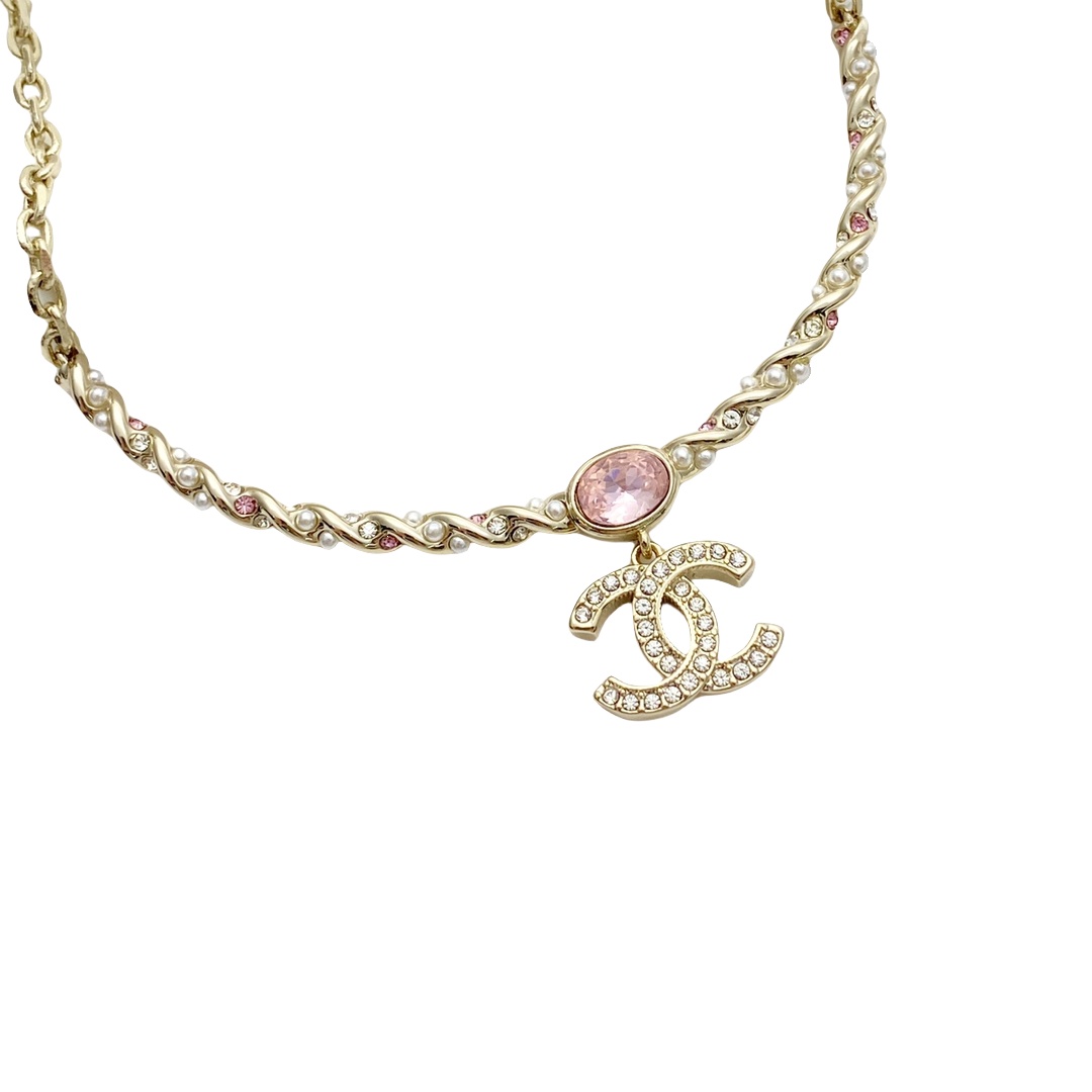 CCN433 Chanel Pearl twist crystal pink cc logo pendant necklace - ccjewelryacc