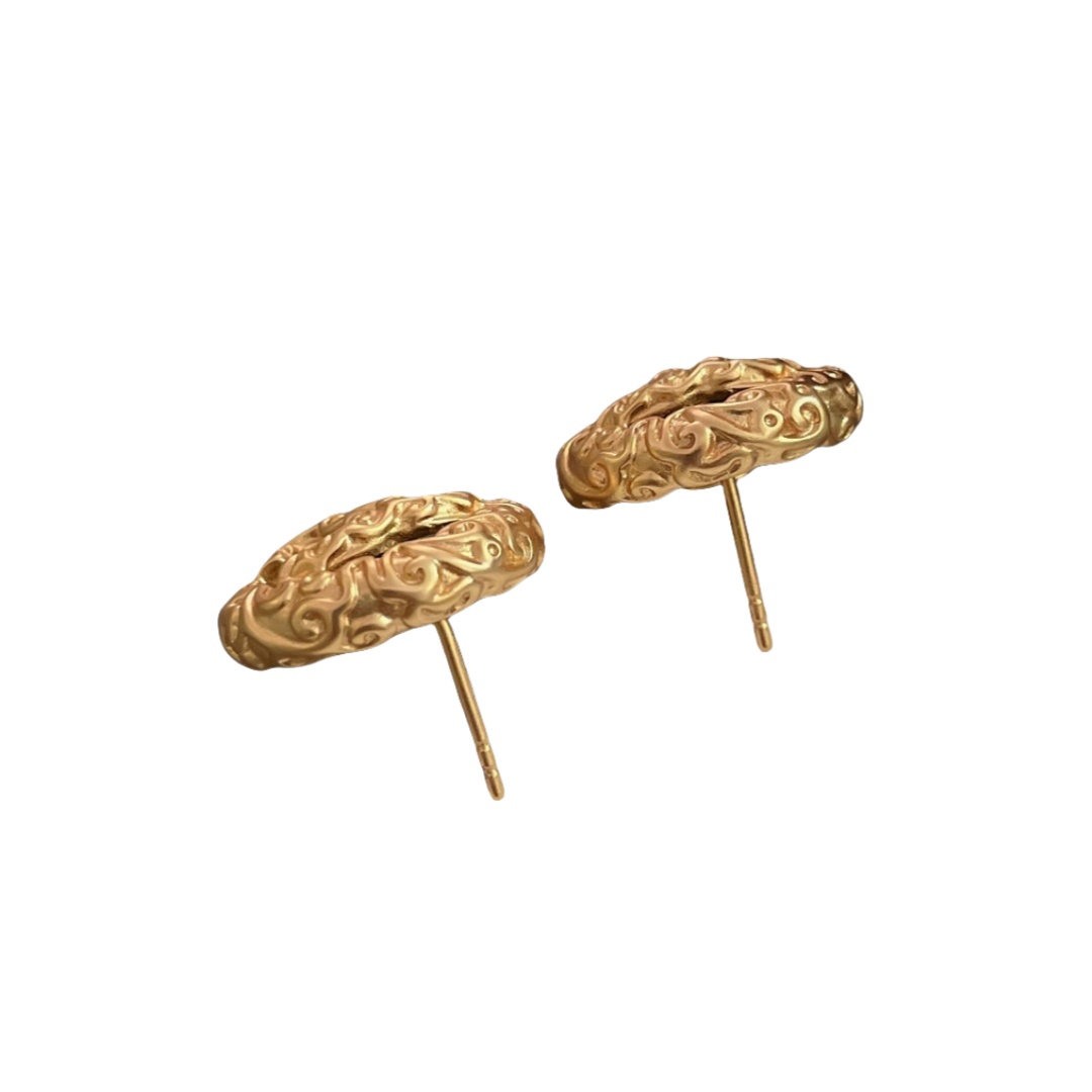 CCE308A Vintage lava embossment black gold round CC stud Earring - ccfashionjewelry