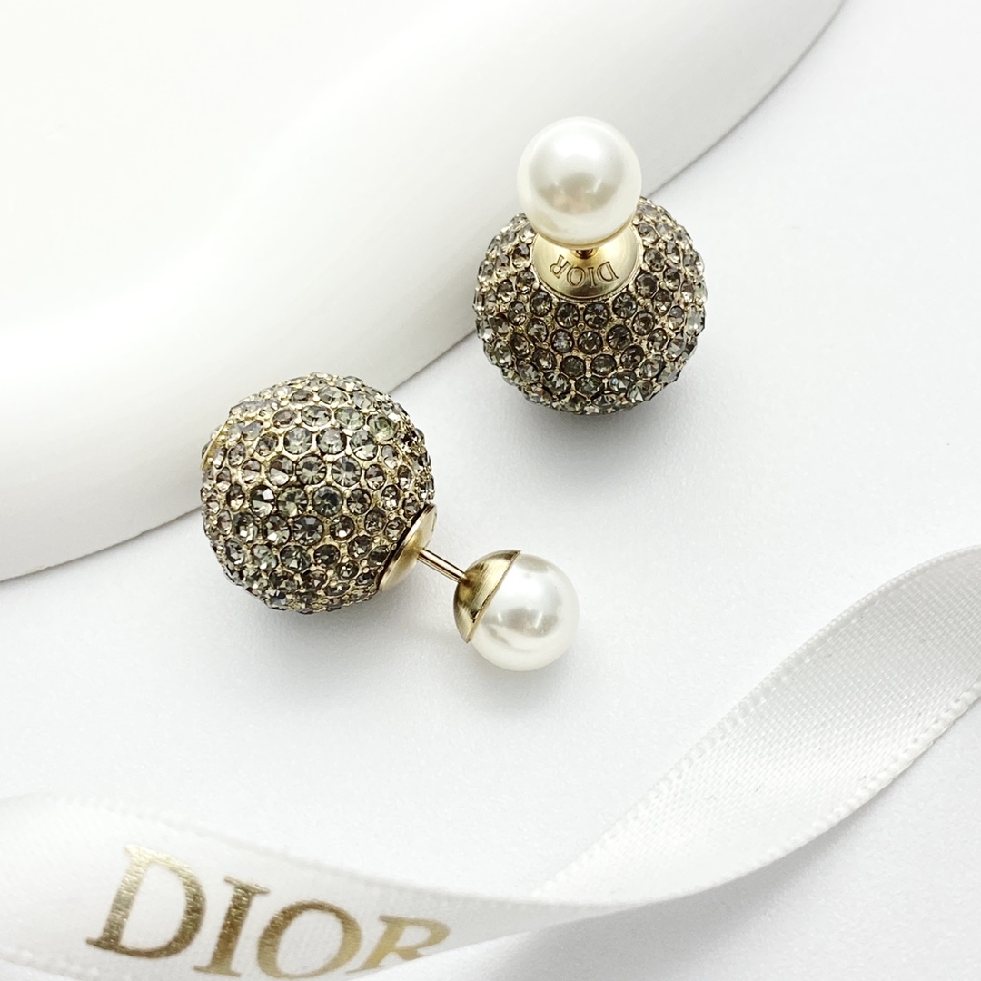 CDE177 Dior Metal Gold and gray crystal ball pearl earrings - ccjewelryacc