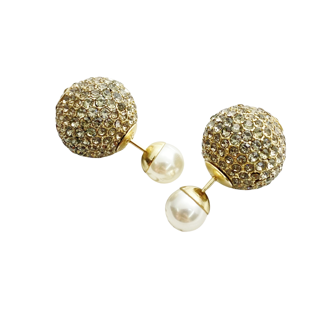 CDE177 Dior Metal Gold and gray crystal ball pearl earrings - ccjewelryacc