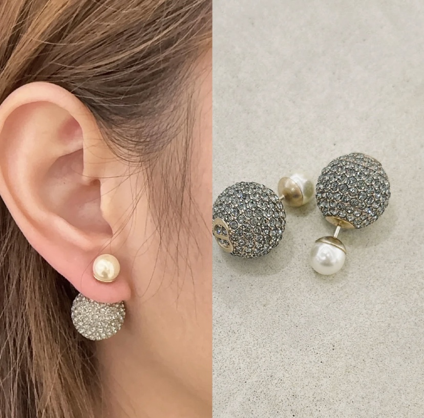 CDE177 Dior Metal Gold and gray crystal ball pearl earrings - ccjewelryacc