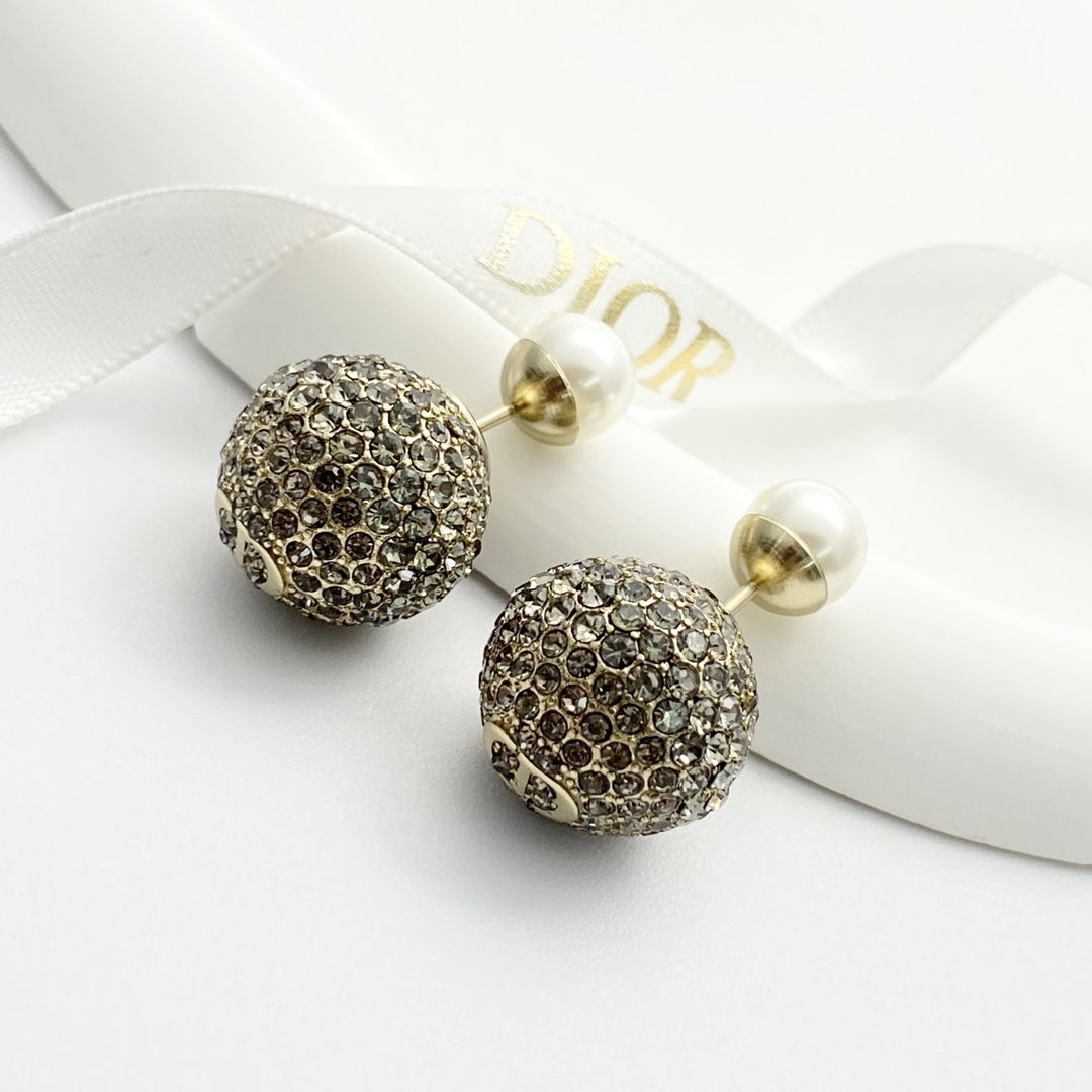 CDE177 Dior Metal Gold and gray crystal ball pearl earrings - ccjewelryacc
