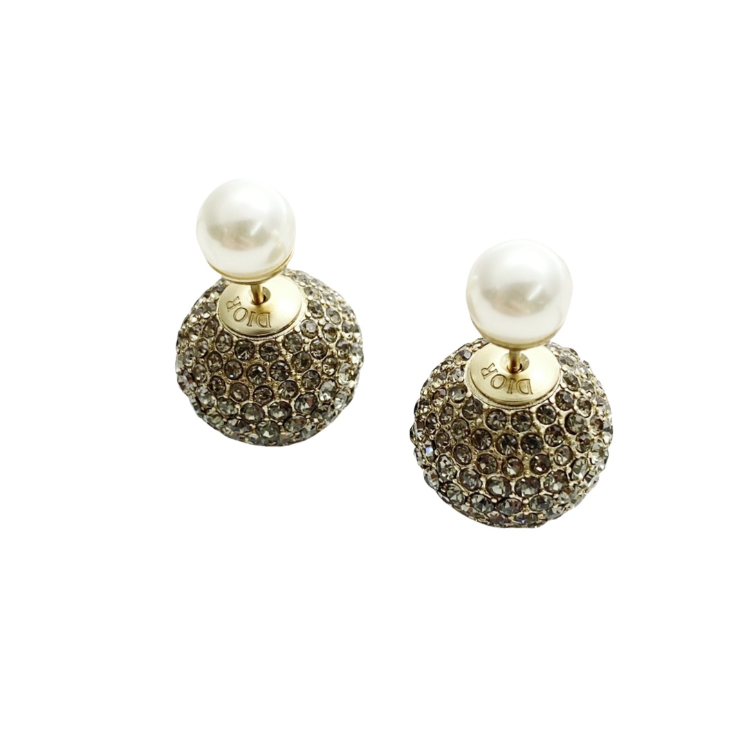 CDE177 Dior Metal Gold and gray crystal ball pearl earrings - ccjewelryacc