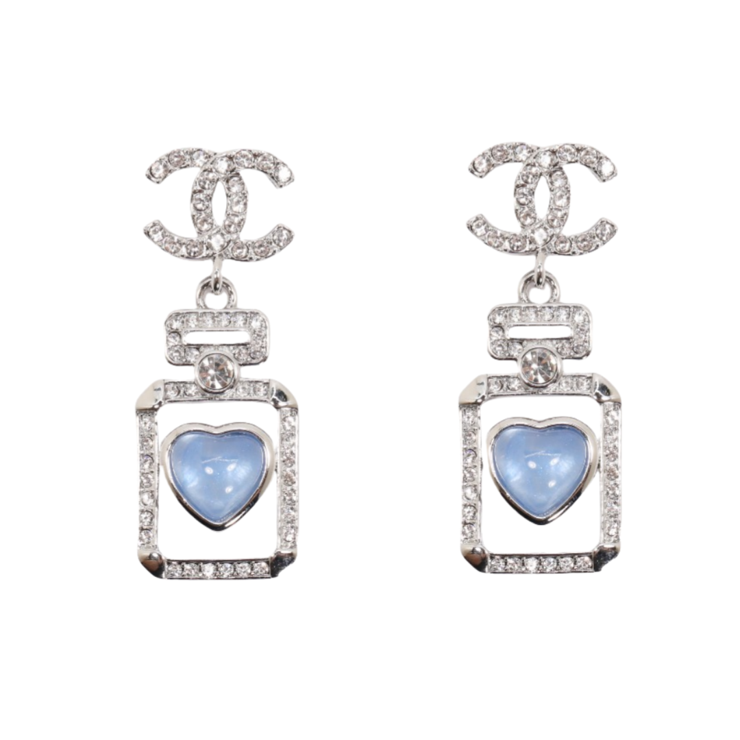 CCE271 Chanel Silver crystal Hollow perfume bottle blue heart earrings - ccfashionjewelry