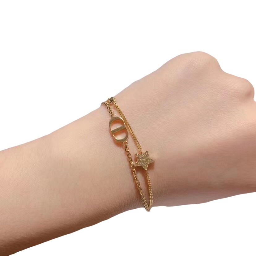 CDS029 Dior Petit CD Double Chain Crystals Gold Tone Bracelet - ccjewelryacc