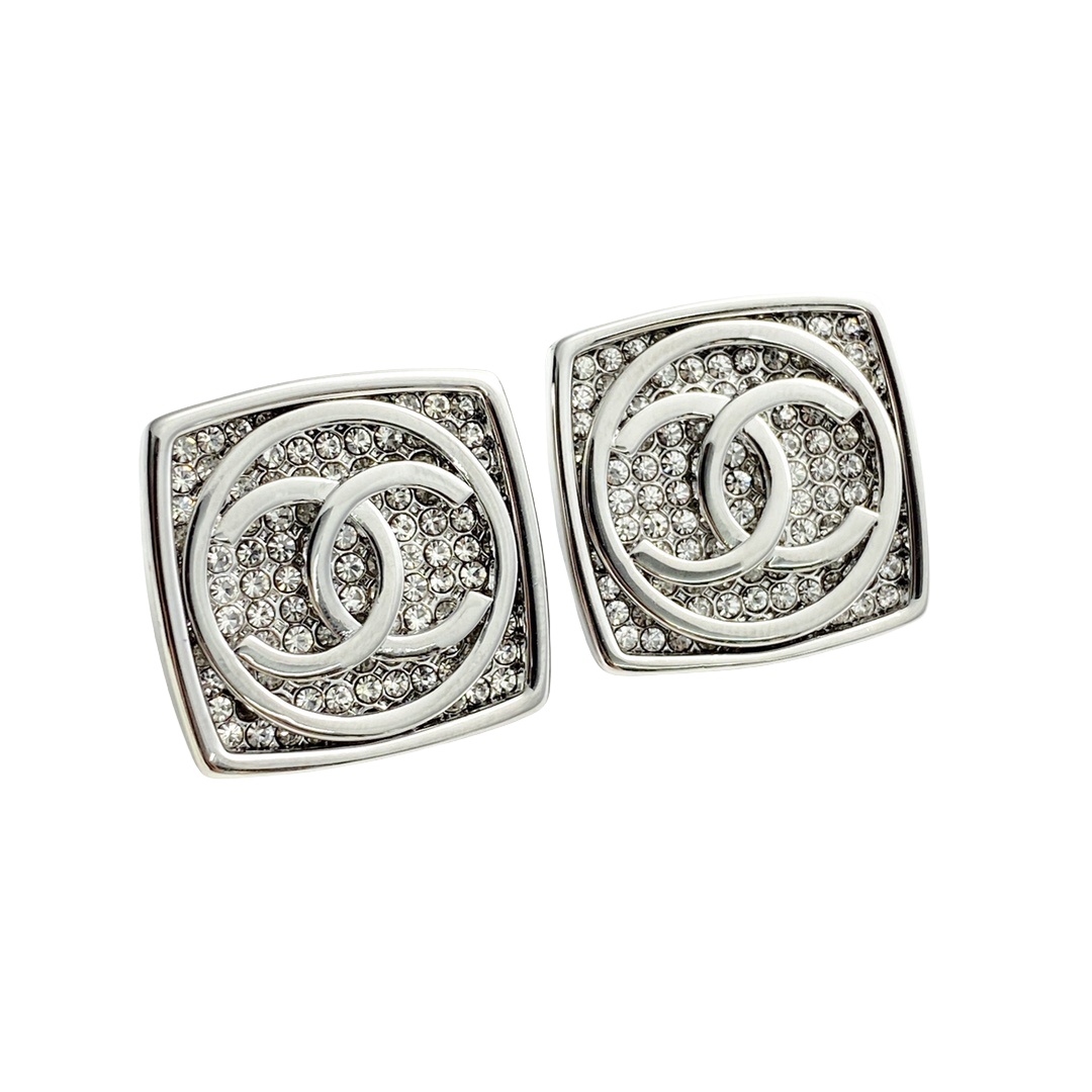 CCE147 White Gold plated crystal square stud earrings with cc logo - ccjewelryacc