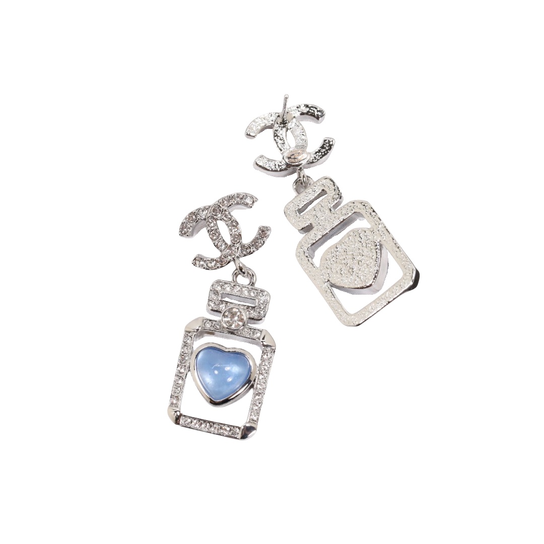CCE271 Chanel Silver crystal Hollow perfume bottle blue heart earrings - ccfashionjewelry