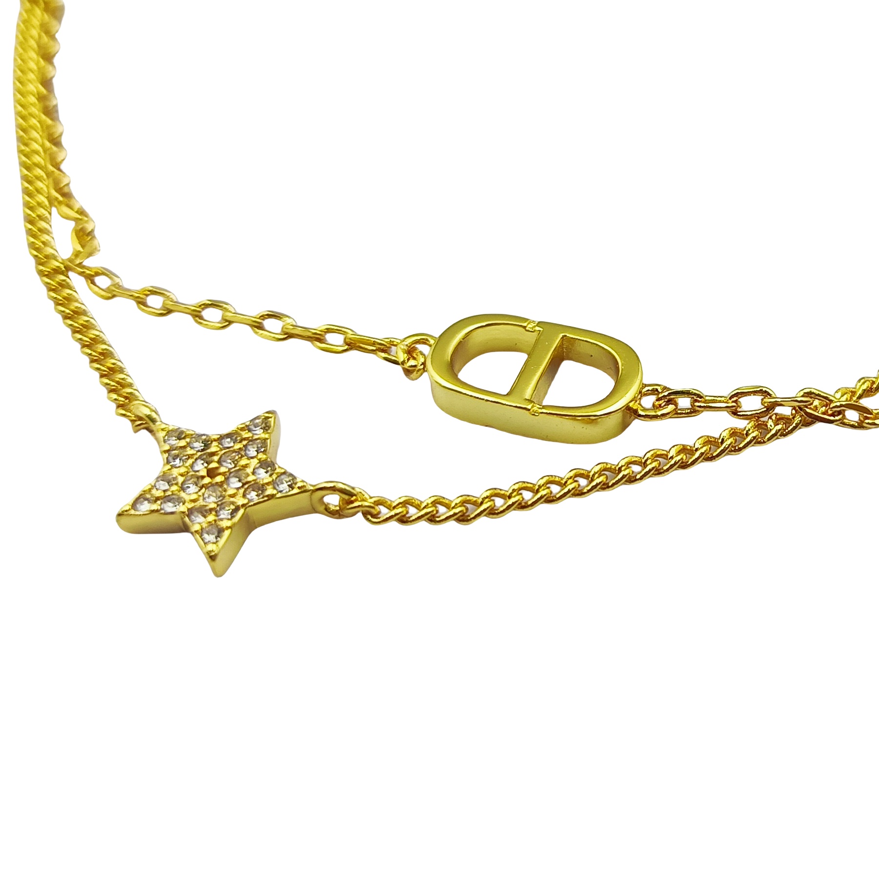 CDS029 Dior Petit CD Double Chain Crystals Gold Tone Bracelet - ccjewelryacc