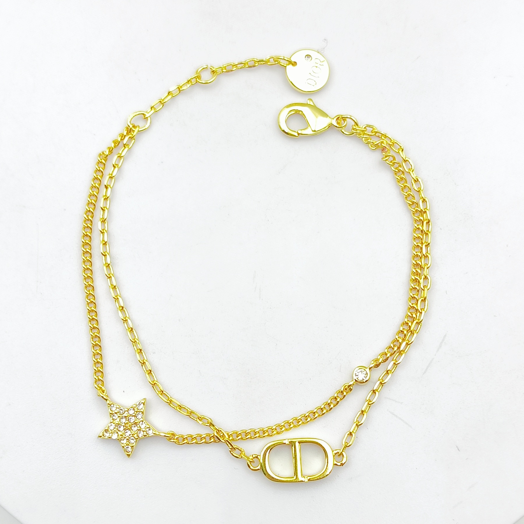 CDS029 Dior Petit CD Double Chain Crystals Gold Tone Bracelet - ccjewelryacc
