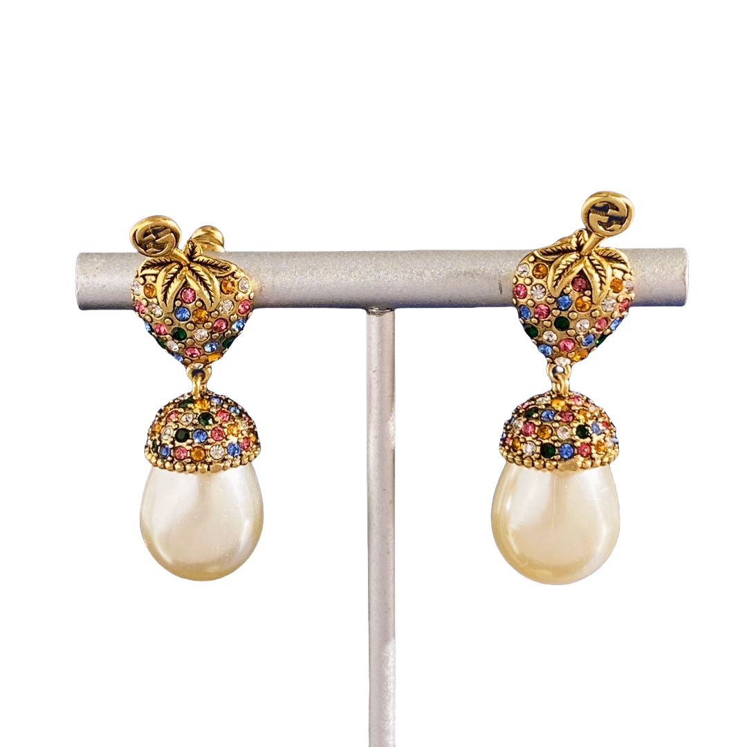 GGE136 Gucci vintage colored crystal strawberry pearl drop earrings - ccfashionjewelry