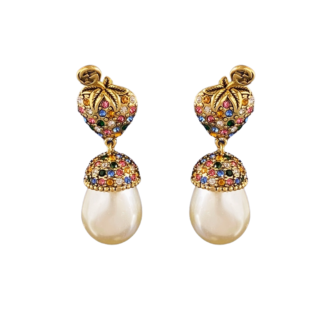 GGE136 Gucci vintage colored crystal strawberry pearl drop earrings - ccfashionjewelry