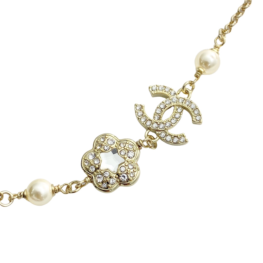 CCS006 Chanel 25P crystal clover flower cc pearl bracelet - ccfashionjewelry