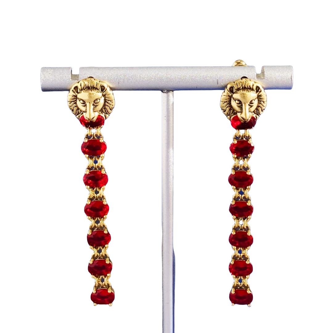 GGE135 Gucci lion head with Red crystal tassels earrings - ccfashionjewelry
