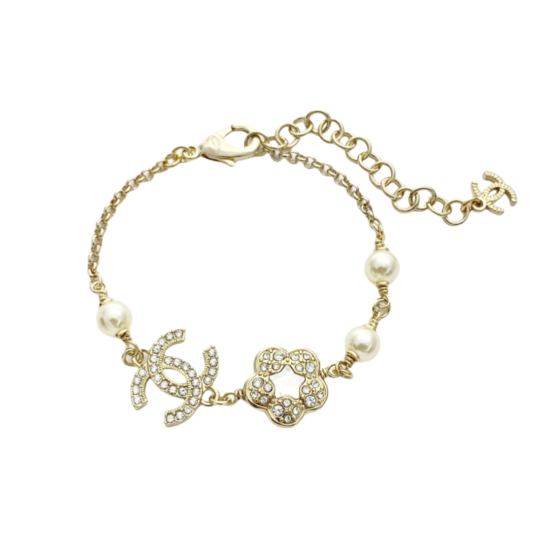 CCS006 Chanel 25P crystal clover flower cc pearl bracelet - ccfashionjewelry