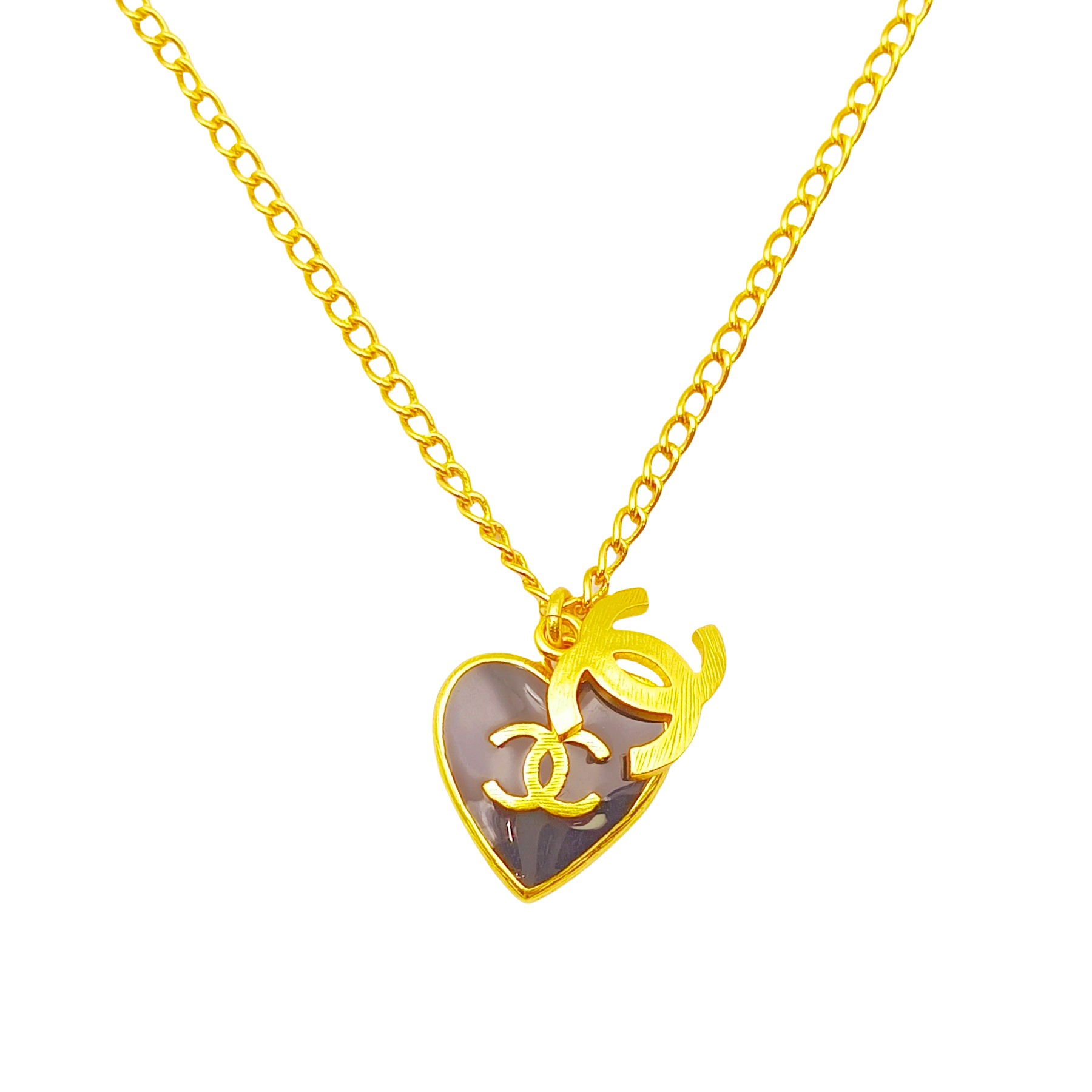 CCN437 Vintage metal Black Heart CC Logo pendant necklace - ccfashionjewelry