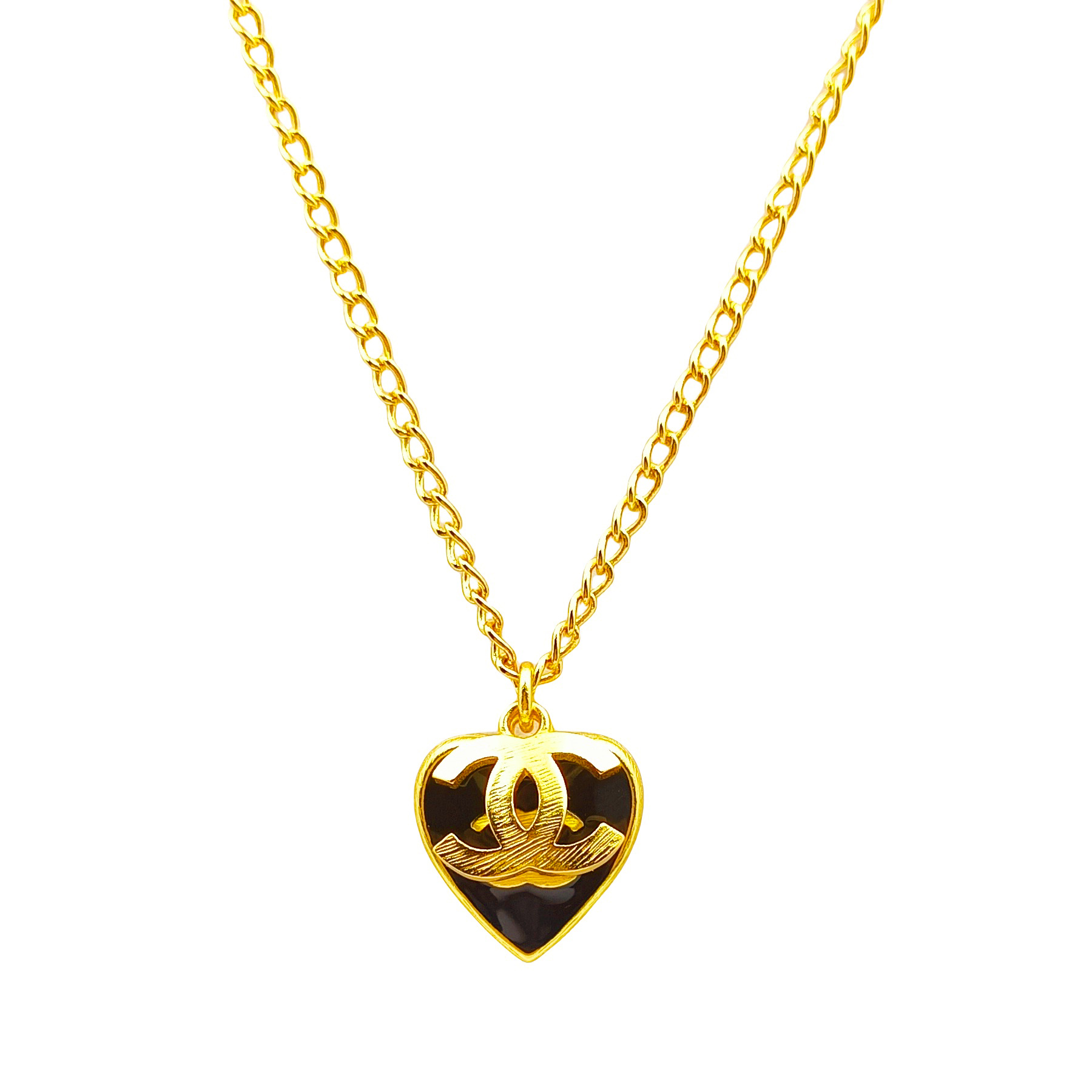 CCN437 Vintage metal Black Heart CC Logo pendant necklace - ccfashionjewelry