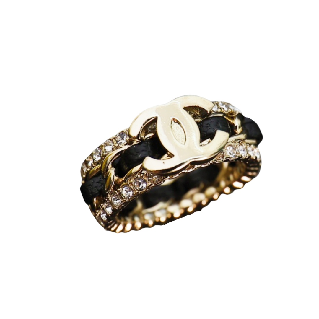 CCR058 Chanel metal leather crystal cc ring - ccjewelryacc
