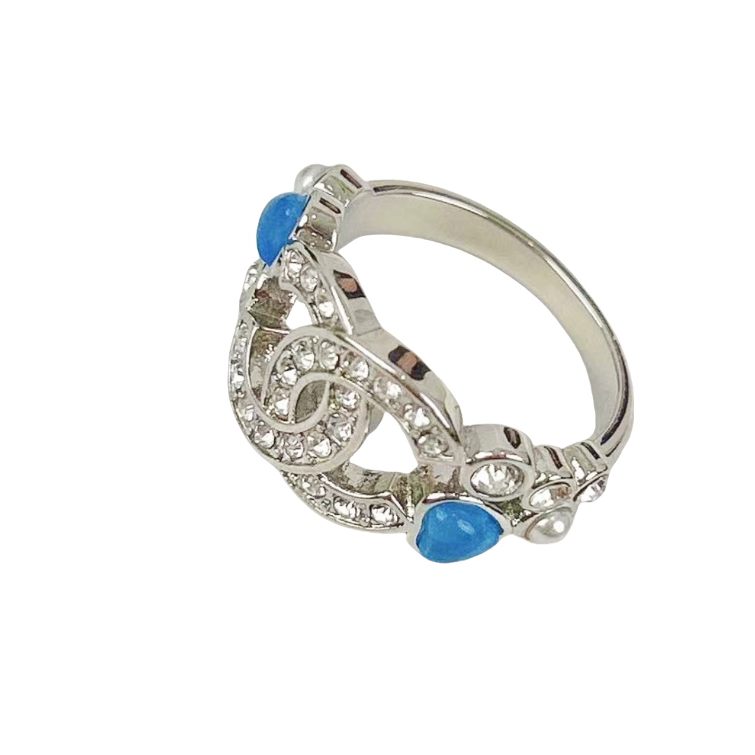 CCR024 Chanel blue heart and crystal cc ring - ccjewelryacc