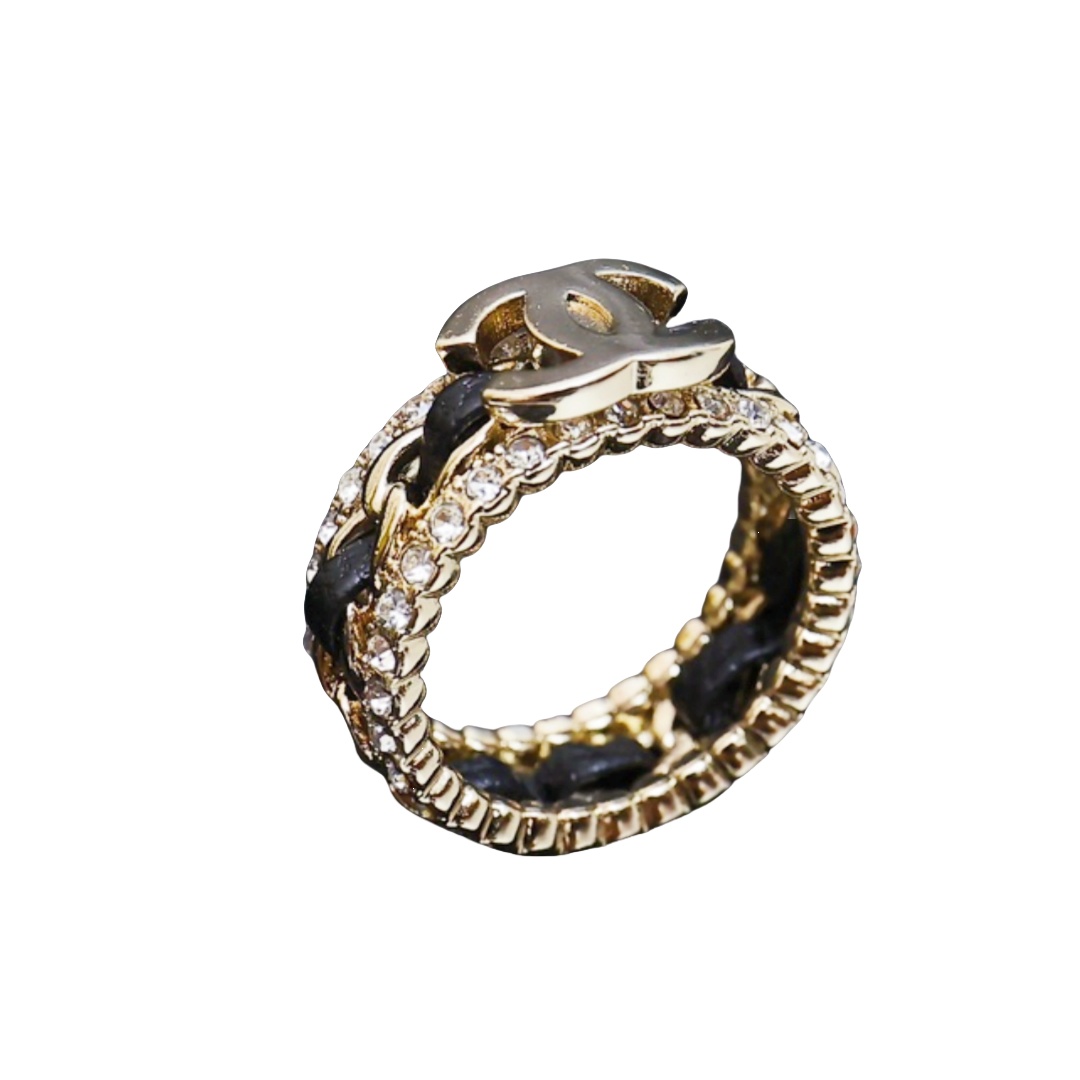 CCR058 Chanel metal leather crystal cc ring - ccjewelryacc