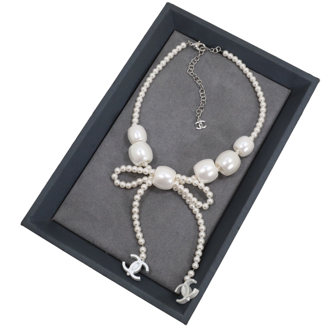 CCN021 Chanel pearl bow tassels necklace - ccjewelryacc