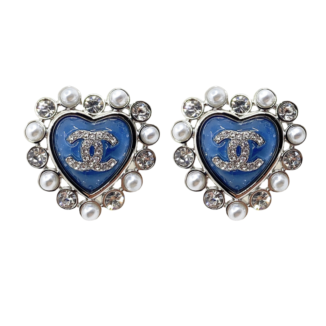 CCE291 Chanel blue heart stud earrings with crystal - ccfashionjewelry