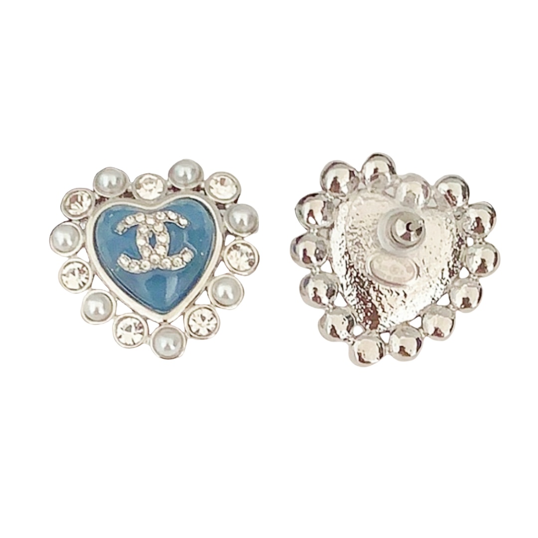 CCE291 Chanel blue heart stud earrings with crystal - ccjewelryacc