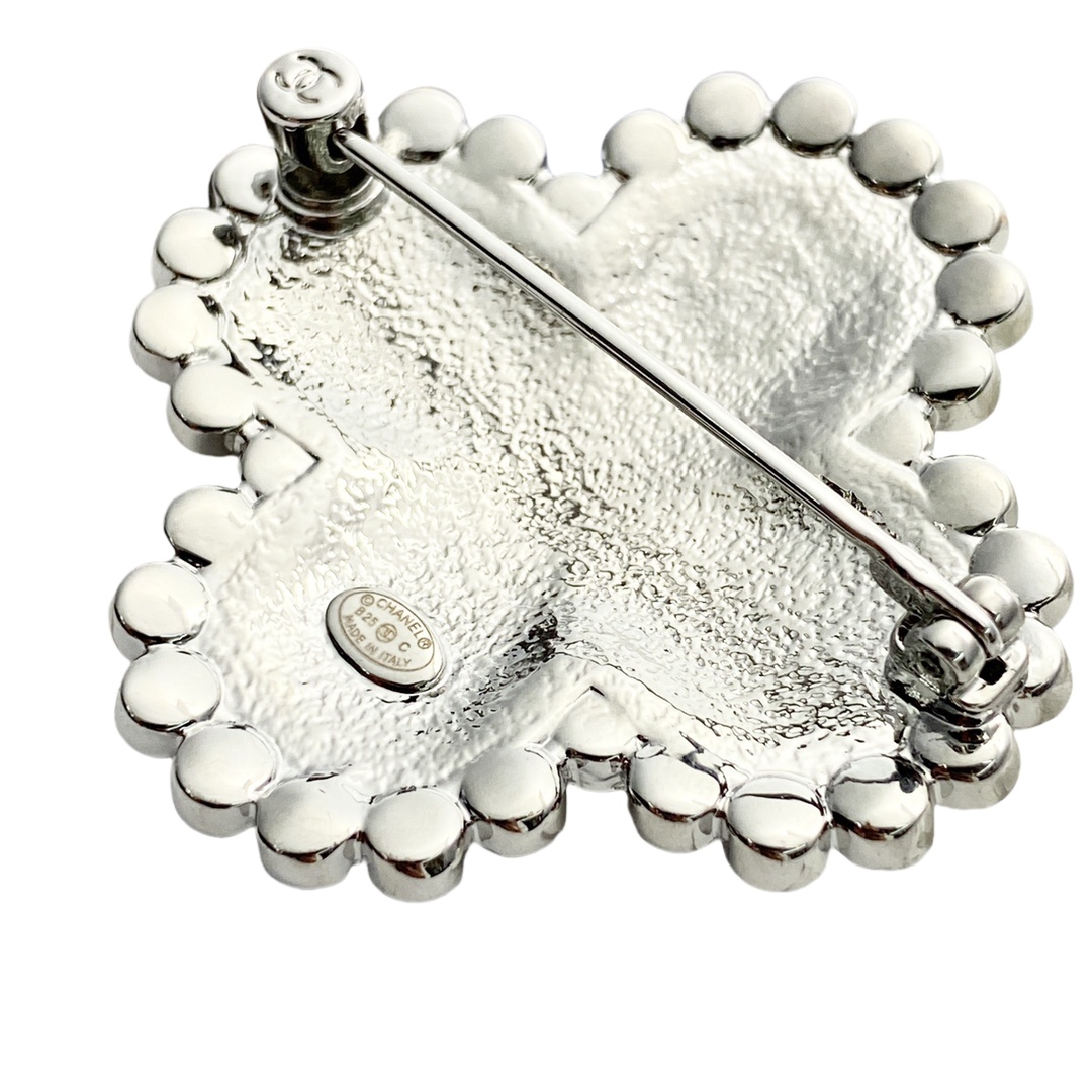 BCB548 Chanel Cross flower White enamel with double C gray glitter brooch - ccjewelryacc