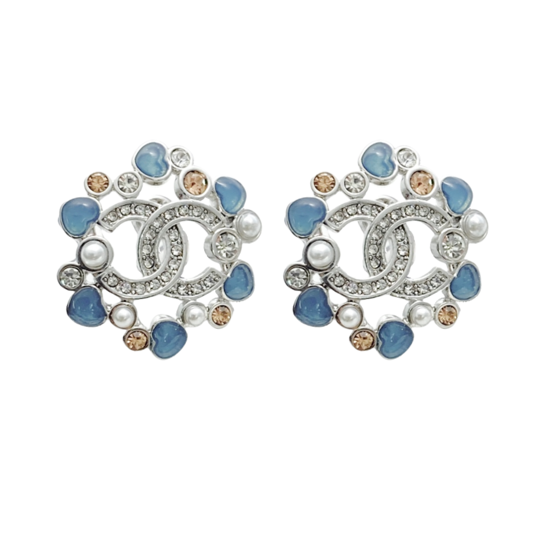 CCE302 Chanel Blue heart hollow cc logo stud earrings - ccfashionjewelry