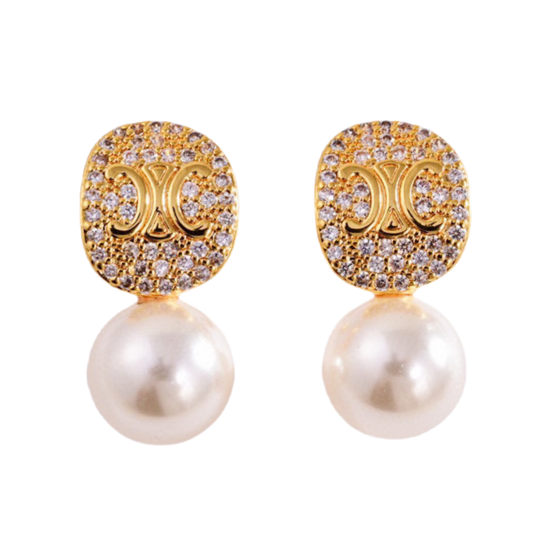 CLE003 Triomph pearl drop stud earring in metal and pearl crystal - ccfashionjewelry