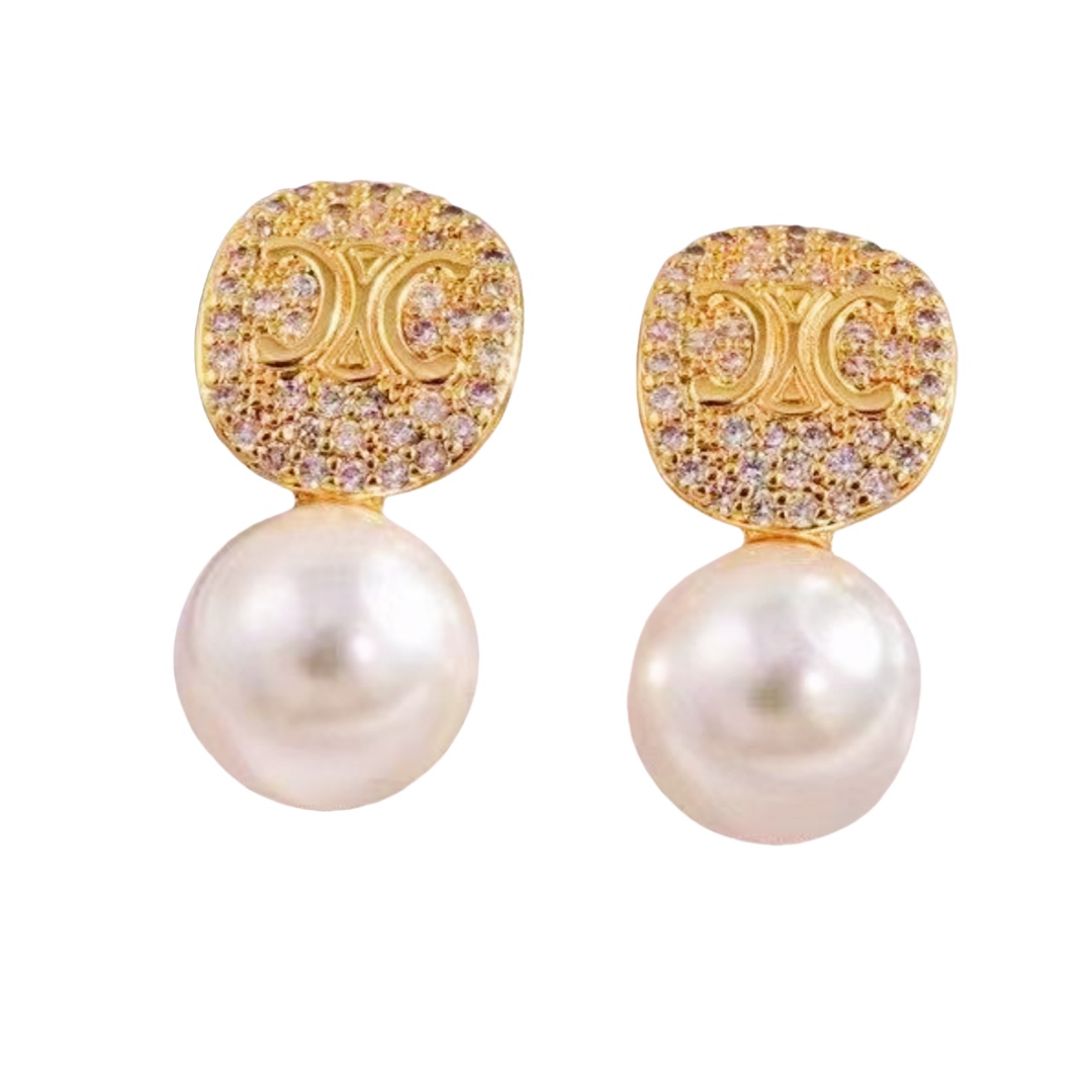 CLE003 Triomph pearl drop stud earring in metal and pearl crystal - ccfashionjewelry
