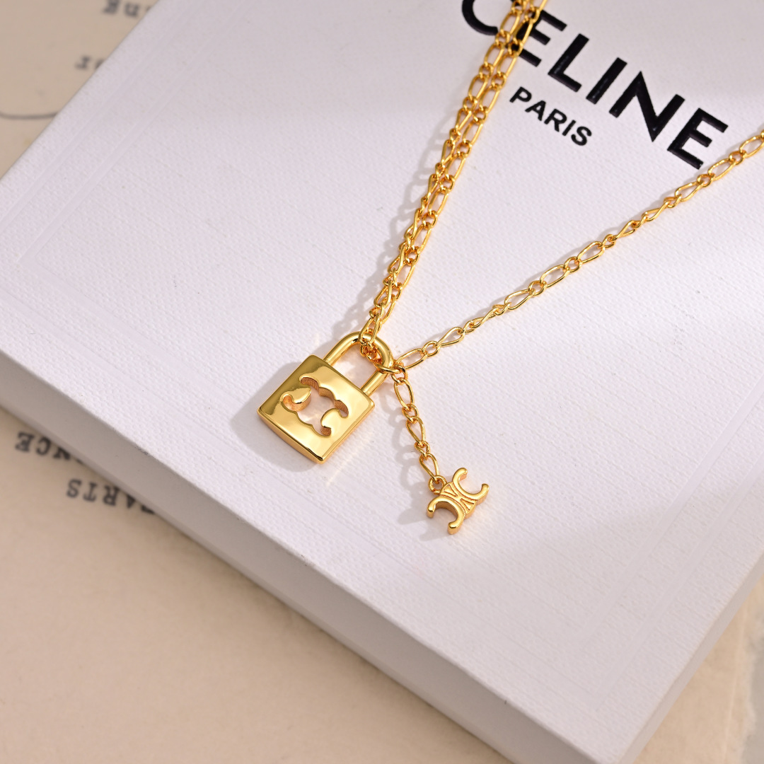 CLN003 Celine Lock Triomphe Gold finish Metal necklace - ccjewelryacc