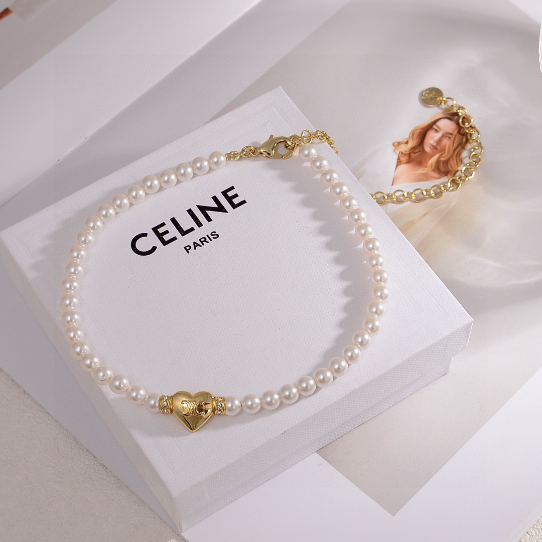 CLN007 celine heart pearl choker necklace - ccjewelryacc