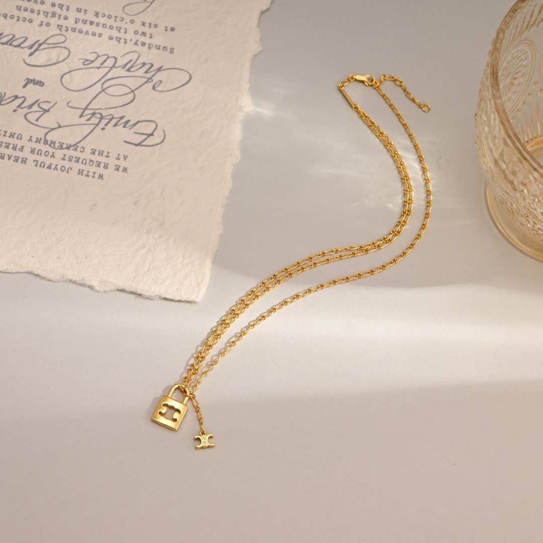 CLN003 Celine Lock Triomphe Gold finish Metal necklace - ccjewelryacc