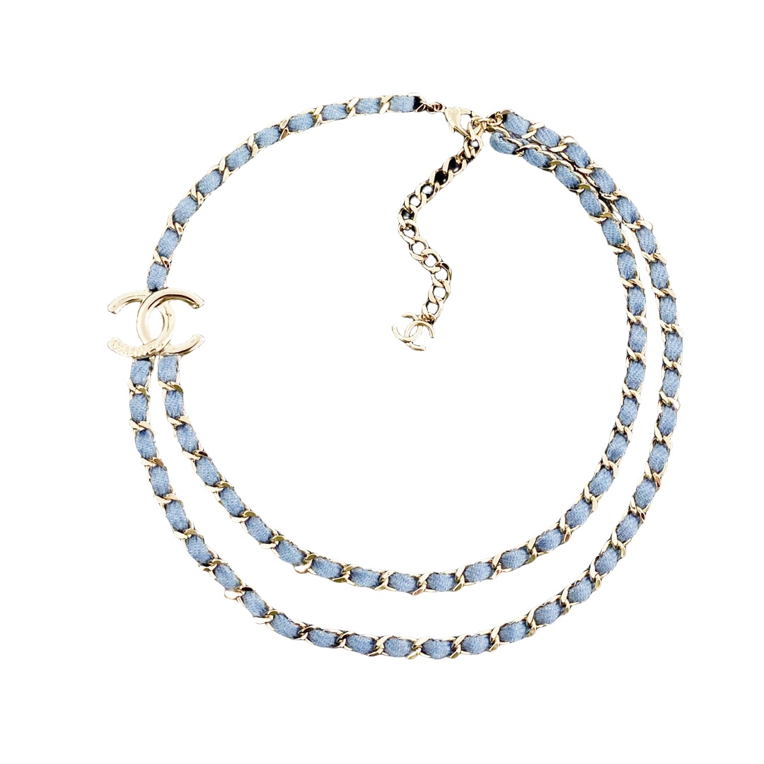 CCN176 Chanel 25p metal and denim blue leather necklace - ccfashionjewelry