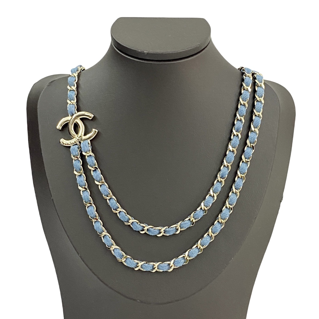 CCN176 Chanel 25p metal and denim blue leather necklace - ccfashionjewelry