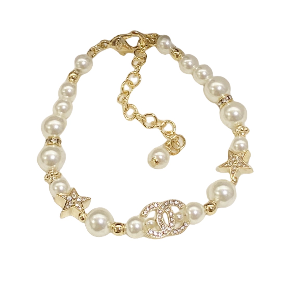 CCS051 Pearl chain star and crystal cc logo Bracelet - ccfashionjewelry