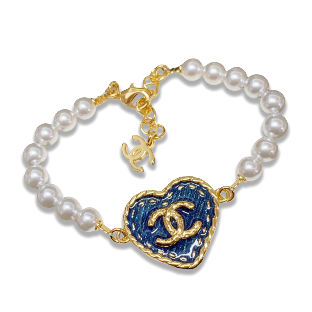 CCS089 Chanel 24p denim blue Heart pearl Bracelet for women - ccfashionjewelry