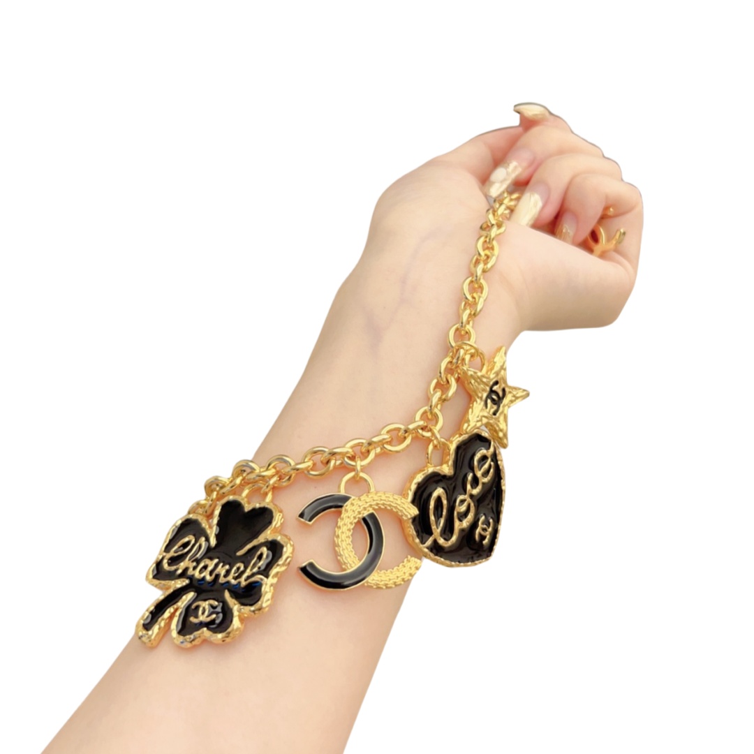CCS082 Chanel 24p black enamel clover heart star cc charms bracelets - ccjewelryacc