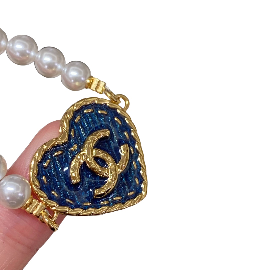 CCS089 Chanel 24p denim blue Heart pearl Bracelet for women - ccfashionjewelry