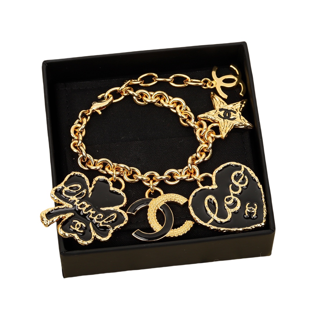 CCS082 Chanel 24p black enamel clover heart star cc charms bracelets - ccjewelryacc