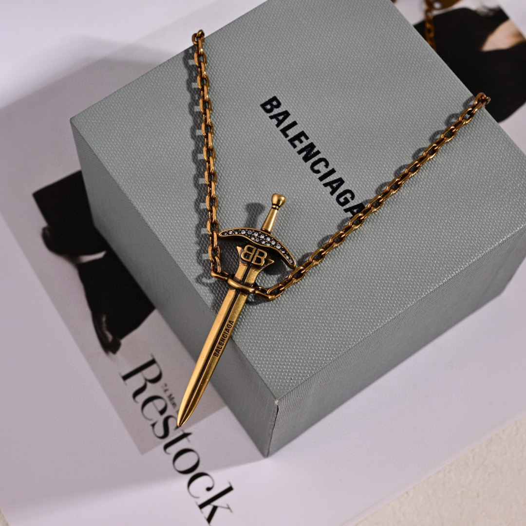 BAN004 Balenciaga Goth Sword Necklace 'Antique Gold /Crystal' for men - ccjewelryacc