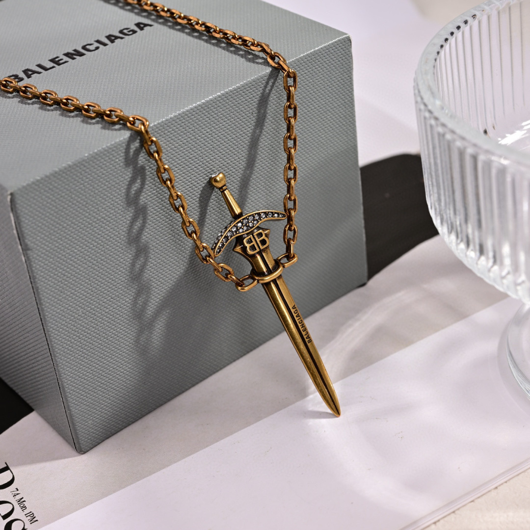 BAN004 Balenciaga Goth Sword Necklace 'Antique Gold /Crystal' for men - ccjewelryacc