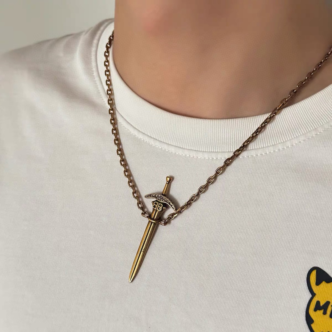 BAN004 Balenciaga Goth Sword Necklace 'Antique Gold /Crystal' for men - ccjewelryacc