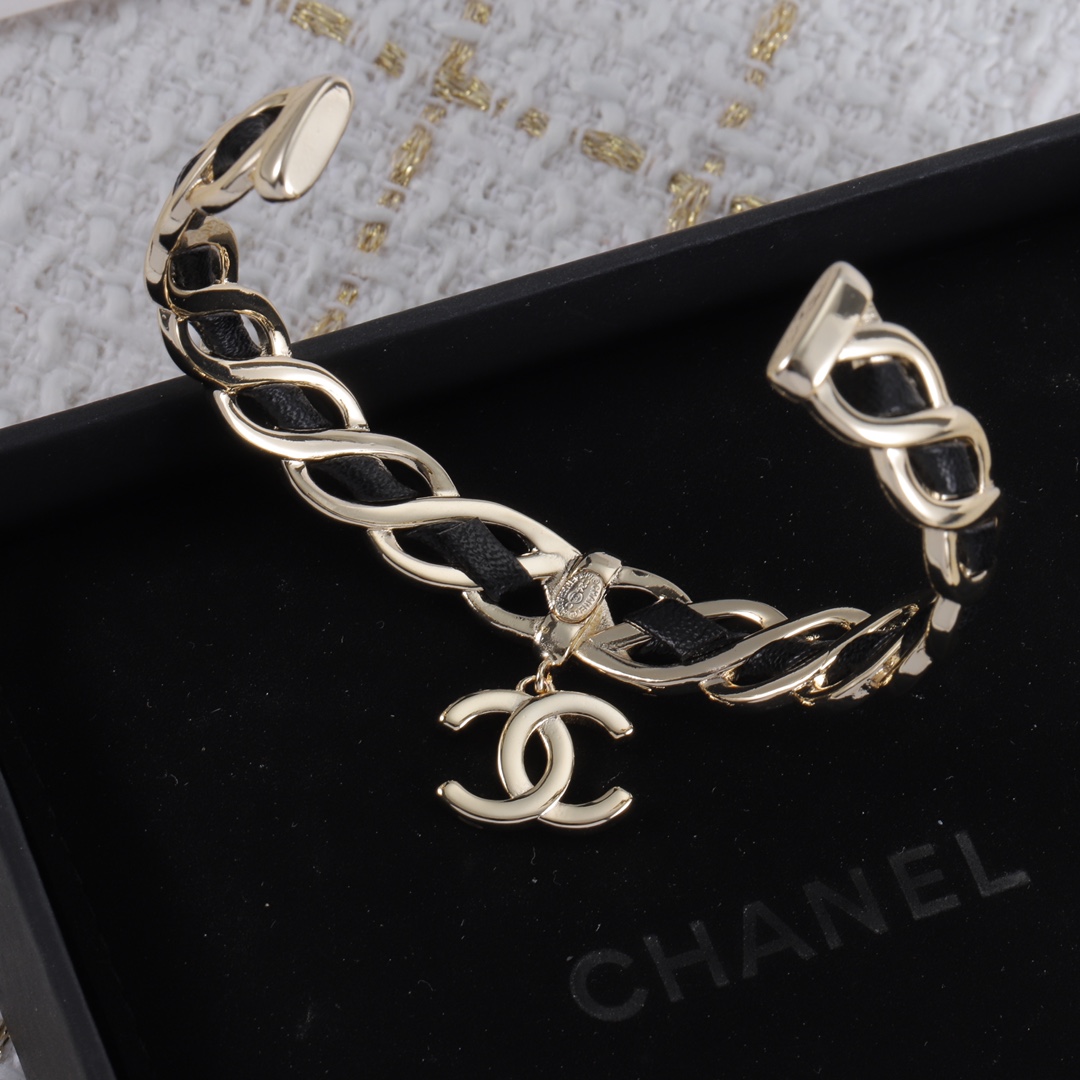 CCS106 Metal leather chanel cc charm bangle bracelet - ccjewelryacc