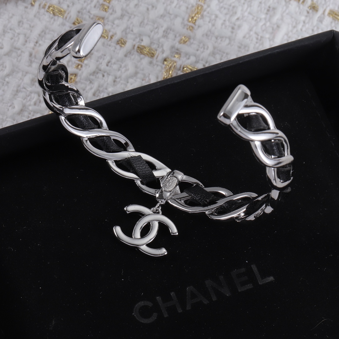 CCS106 Metal leather chanel cc charm bangle bracelet - ccjewelryacc